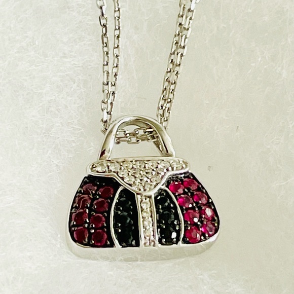 MIRABELLE Solid 18k 18kt white gold ruby and sapphire purse bag pendant necklace - Picture 4 of 16